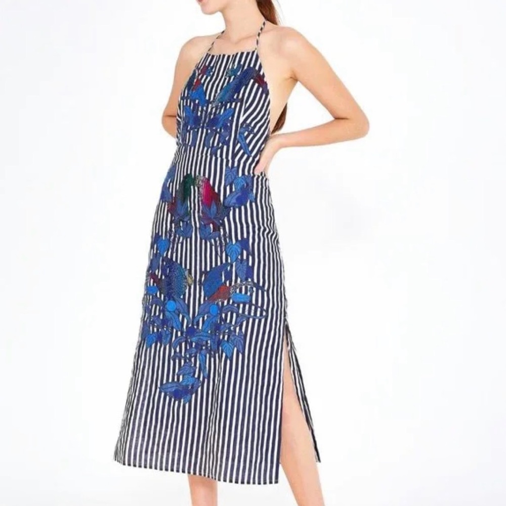 FARM Rio Navy & White Striped Halter Midi Dress with Blue Floral Embroidery - Picture 2 of 8